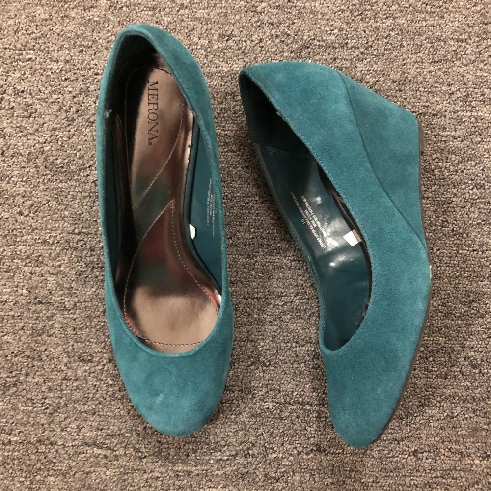 Teal green suede wedges